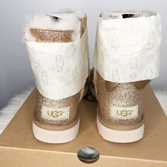 UGG Mini Bailey Bow Gold Sparkle Boots Glitter NEW - Picture 4 of 8